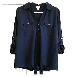 Jaclyn Smith Roll Sleeve Blouse, Navy, M